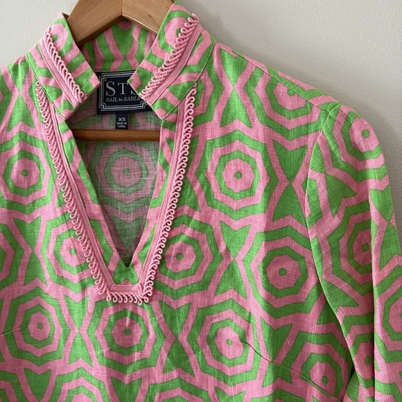 Sail to Sable 100% Linen V Neck Trim Embroidered Tunic Long Sleeve Pink Size XS - Picture 4 of 11